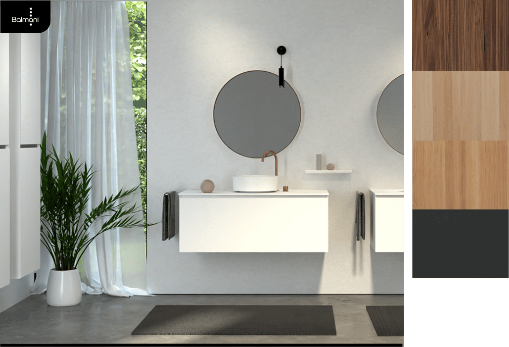 Balmani Badmöbel in Weiß mit rundem Spiegel, Aufsatzbecken und Armatur.