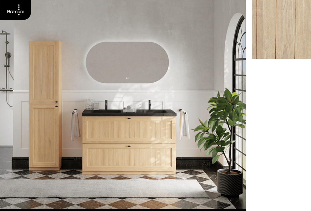 Balmani Badmöbel in hellem Holz mit schwarzem Waschtisch und ovalem Spiegel.