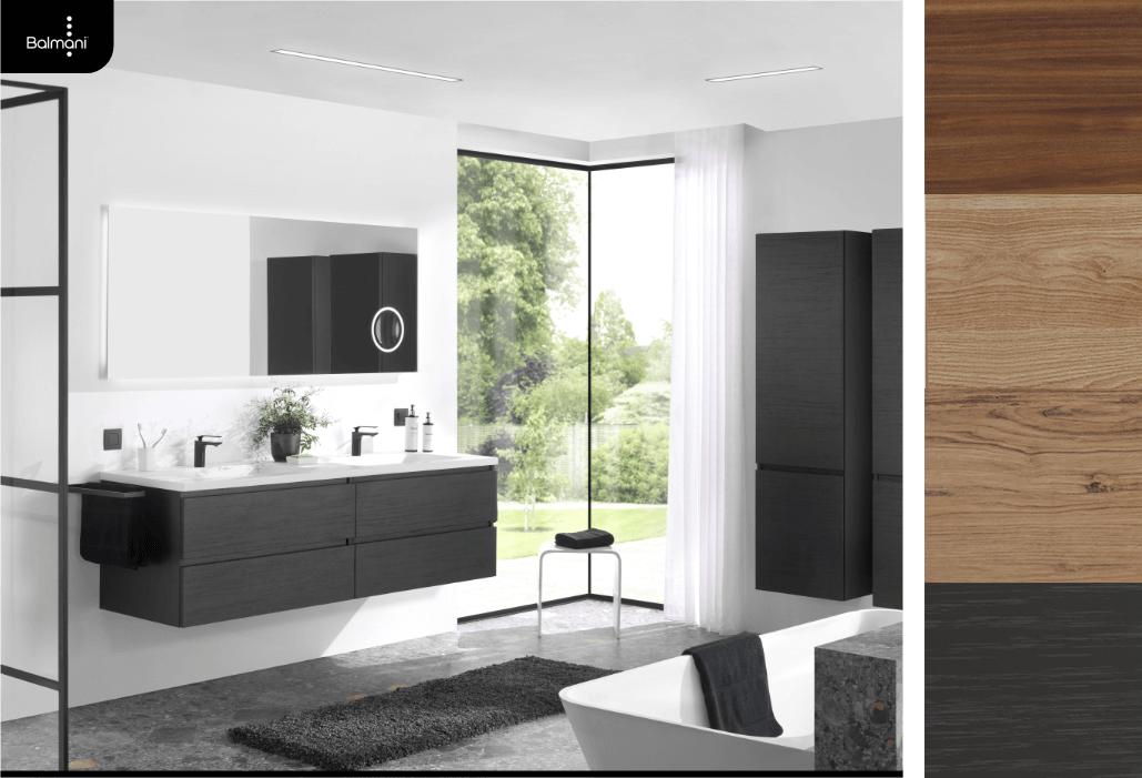 Balmani Badmöbel in schwarzem Holz mit Doppelwaschbecken und großem Spiegel mit Gartenblick.