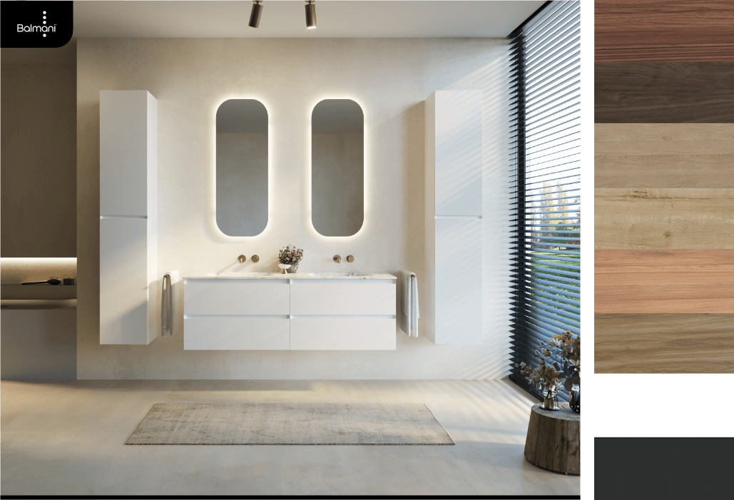 Balmani Badezimmer mit zwei ovalen Spiegeln, weißem Möbel und Hochschränken.