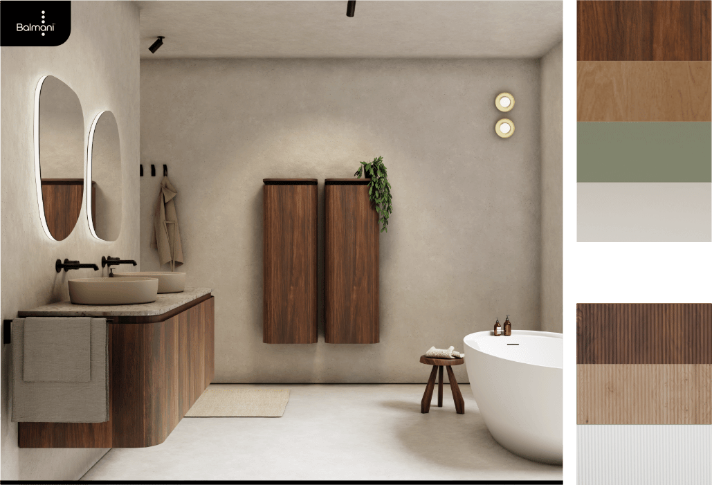 Warmes Designbad von X²O Badezimmer mit Balmani Badmöbel in Holzoptik, Doppelwaschbecken, schwarzen Armaturen, freistehender Badewanne und Hochschränken, kombiniert mit beigen Wänden und natürlichen Materialien.