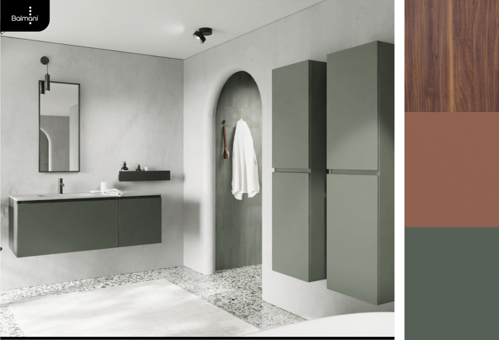 Modernes Badezimmer von X²O Badezimmer mit Balmani Möbel in mattem Grün, schwebendem Waschtisch mit Spiegel, zwei Hochschränken und Nische mit Handtuch, kombiniert mit hellen Wänden und Terrazzo-Boden.