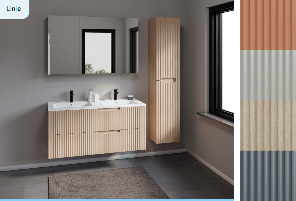 Linie Badmöbel mit gerillten Fronten und Spiegelschrank.