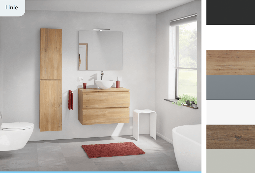 Linie Badmöbel mit Waschbecken und Hochschrank in kleinem Badezimmer.