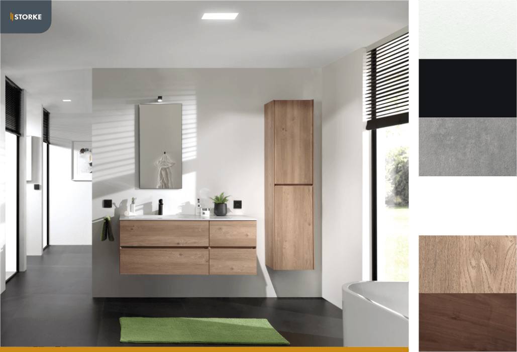 Storke Badmöbel in Holzoptik mit Waschbecken und Hochschrank.