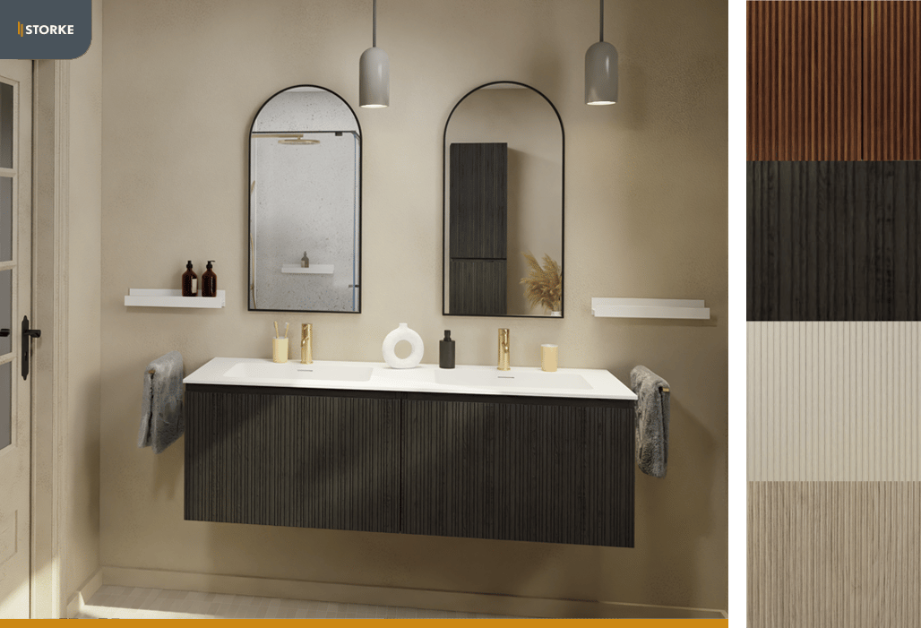 Storke Badmöbel mit geriffelter Struktur und Doppelspiegel.