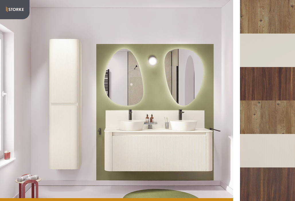 Storke Badmöbel mit abgerundeten Formen, Doppelwaschbecken und beleuchteten ovalen Spiegeln.