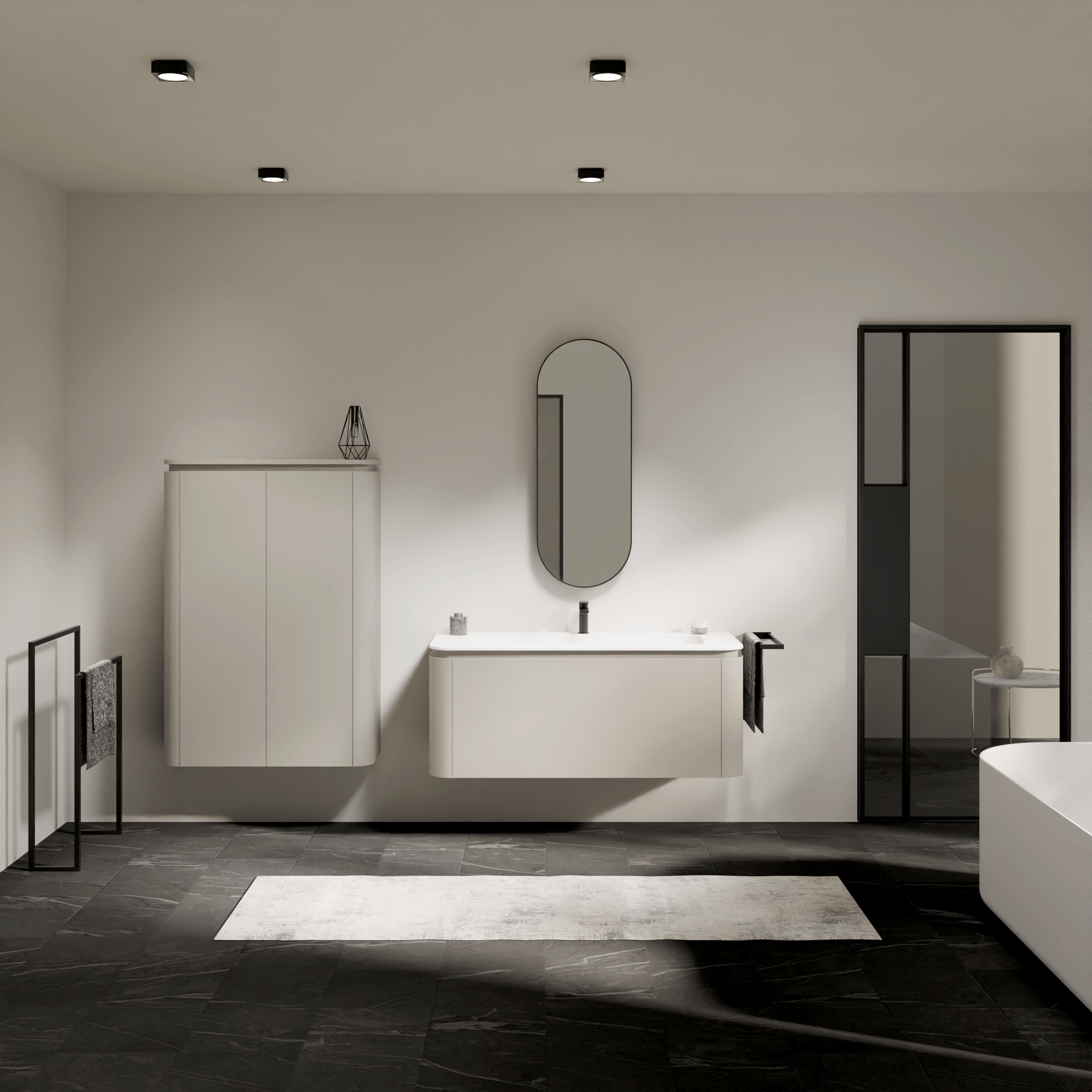 Minimalistisches weißes Badmöbel mit abgerundeten Ecken, ovalem Spiegel und modernem schwebendem Design.