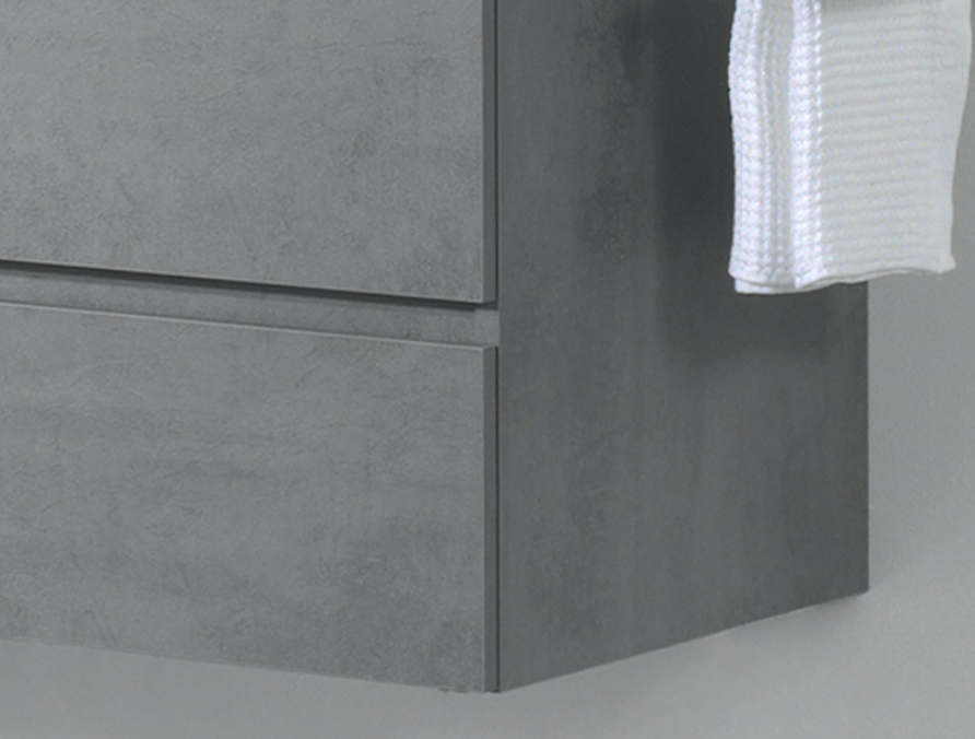 Moderner grauer Badezimmerschrank mit schlanken Schubladen und minimalistischem Design, perfekt für stilvolle Einrichtung.