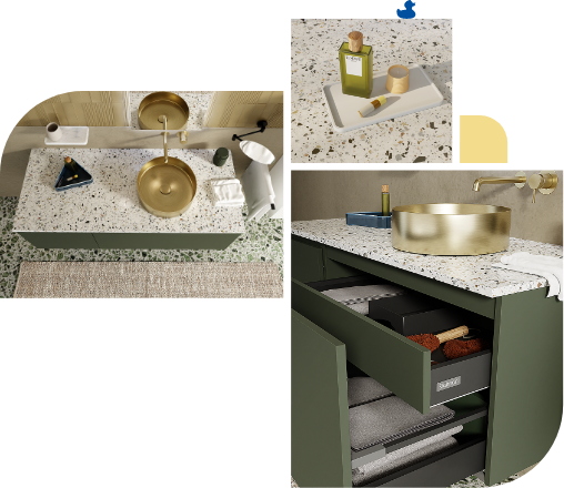 Salle de bain luxueuse avec plan vasque en terrazzo, meuble vert et vasque dorée avec robinet.