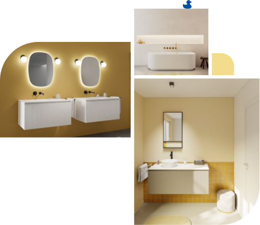 Salle de bain moderne avec accents jaunes, meubles-lavabos suspendus et miroirs lumineux.