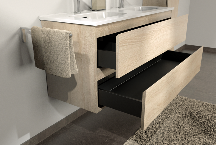 Meuble de salle de bains suspendu de x²o salles de bains en bois, avec tiroir ouvert, intérieur noir et vasque blanche.