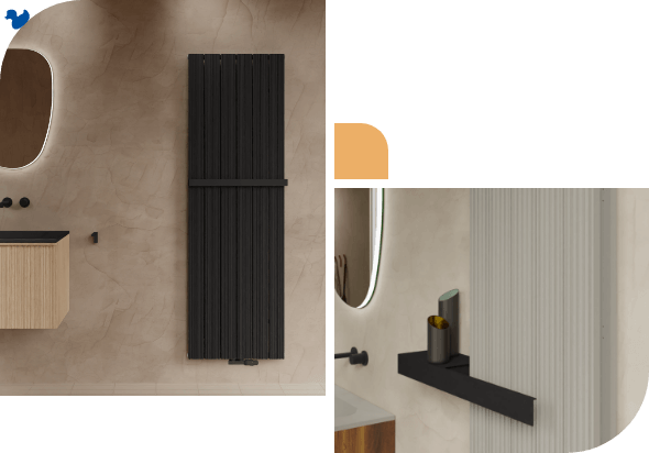 Zwarte en beige designradiatoren met verticale ribbels en geïntegreerde accessoires voor een luxe badkamer.