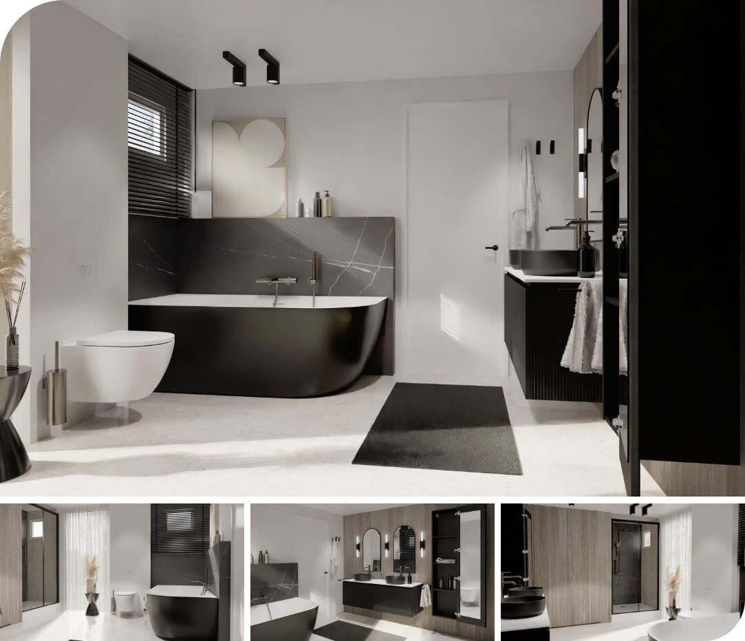 Luxe badkamer met zwart vrijstaand bad, marmeraccenten en modern wastafelmeubel voor een elegante uitstraling.