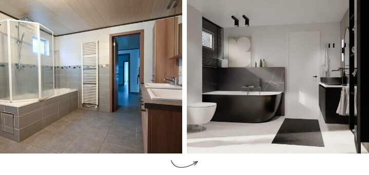 Voor en na: badkamertransformatie van een klassieke stijl naar een luxe, moderne ruimte met zwart vrijstaand bad.