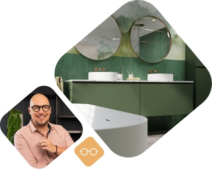 Modernes Badezimmer mit grünem Waschtisch, runden Spiegeln und weißen Waschschüsseln, kombiniert mit Designerporträt.