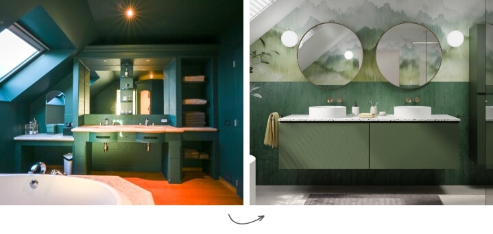 Vorher und nachher: Badezimmerumbau von klassischem Design zu einem modernen Raum mit grünem Waschtisch.