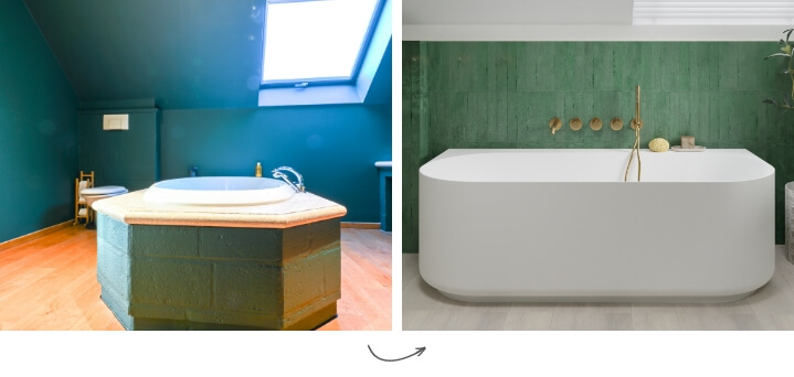 Vorher und nachher: Renovierung einer veralteten Badewanne zu einer modernen freistehenden Wanne mit grünen Fliesen.