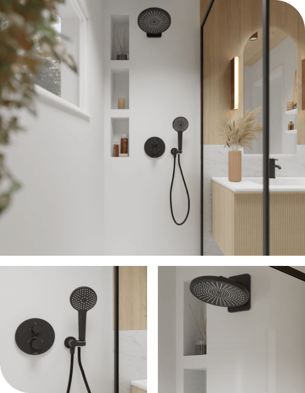 Moderne inloopdouche met zwarte regendouche, nisjes voor opbergruimte en houten accenten voor een warme uitstraling.