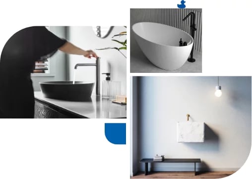 Moderne Badezimmerelemente mit schwarzer Waschschüssel, freistehender weißer Badewanne und minimalistischem Marmorwaschbecken.