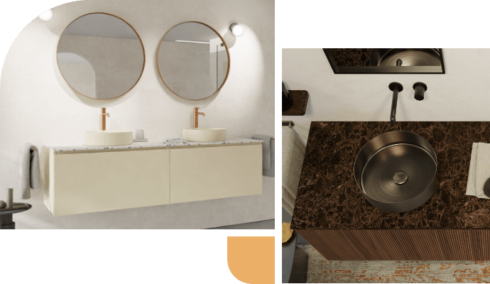 Moderne Waschtische: schwebendes beiges Möbel mit runden Spiegeln und Terrazzo, sowie Holz mit Marmor und Metallwaschbecken.