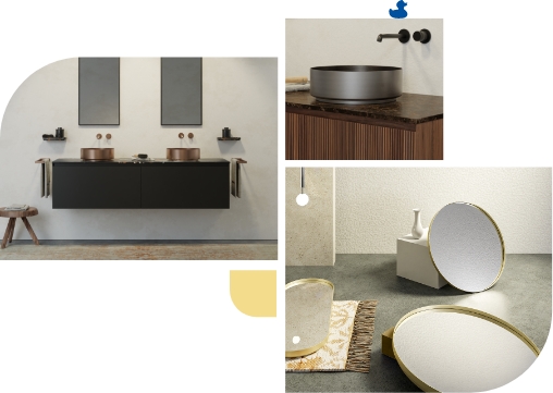 Modernes Badezimmer mit schwebendem schwarzem Waschtisch, Metallwaschbecken und minimalistischen Spiegeln.