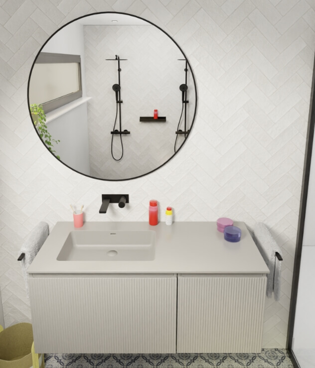 Modernes Badezimmermöbel mit geriffeltem Finish und integriertem Waschbecken in Beigeton.