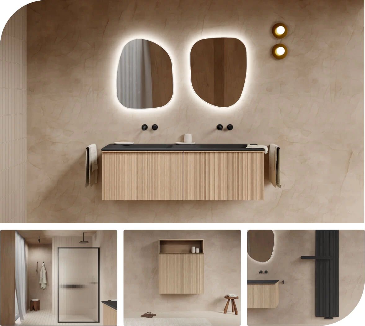 Holz-Badmöbel mit schwarzem Waschbecken und organischen Spiegeln mit Hintergrundbeleuchtung.