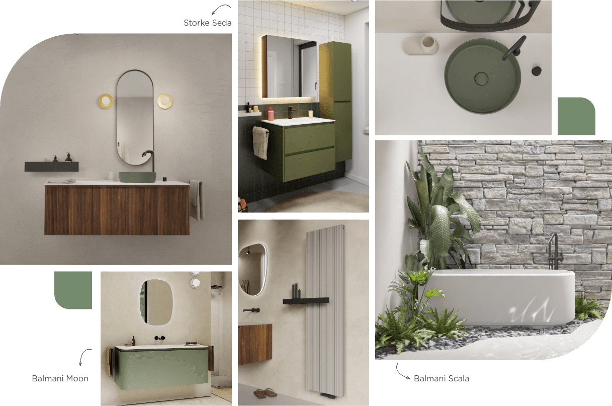 Moderne Badezimmer mit grünen Akzenten, schwebenden Waschtischen, Design-Heizkörper und Outdoor-Spa in Naturkulisse.