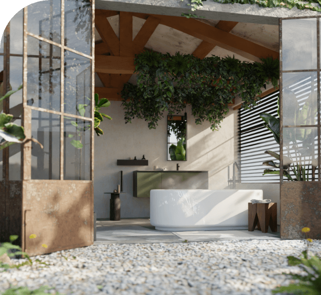 Luxuriöses Badezimmer im offenen Raum mit freistehender Badewanne, grünen Akzenten und Tageslicht.