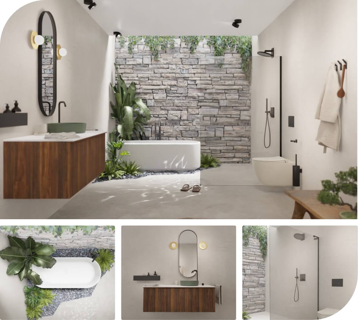 Luxuriöses Badezimmer mit freistehender Badewanne, Holzmöbeln und grünen Akzenten in natürlicher Umgebung.