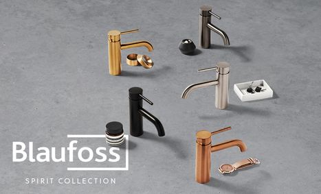 Verschiedene Farben der Blaufoss Spirit Collection Armaturen, einschließlich Gold, Schwarz, Edelstahl und Kupfer.