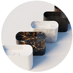 Waschbecken in verschiedenen Farben und Materialien, darunter Marmor und Schwarz, modernes Design.