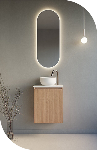 Minimalistische wastafel met houten meubel, ronde kom en verlichte ovale spiegel, modern design.