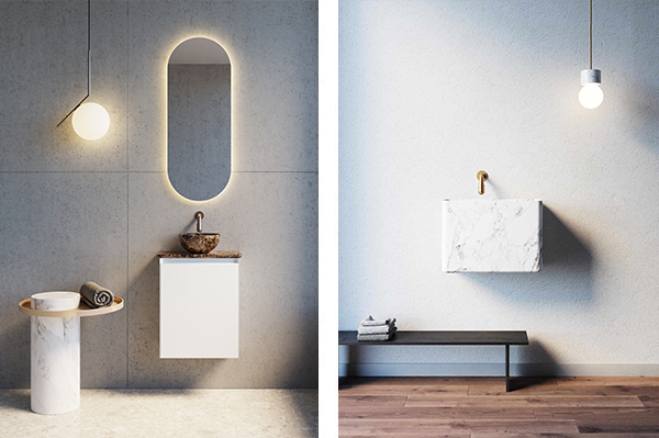 Twee minimalistische badkamers met marmeren wastafels, moderne verlichting en strakke meubels.
