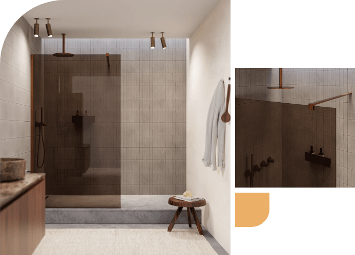 Badkamer met inloopdouche, bronzen douchekop en moderne betegeling, minimalistisch ontwerp.