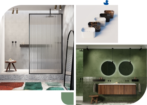  Badkamers met inloopdouche, groene tegels, houten wastafelmeubel en verschillende wastafels.