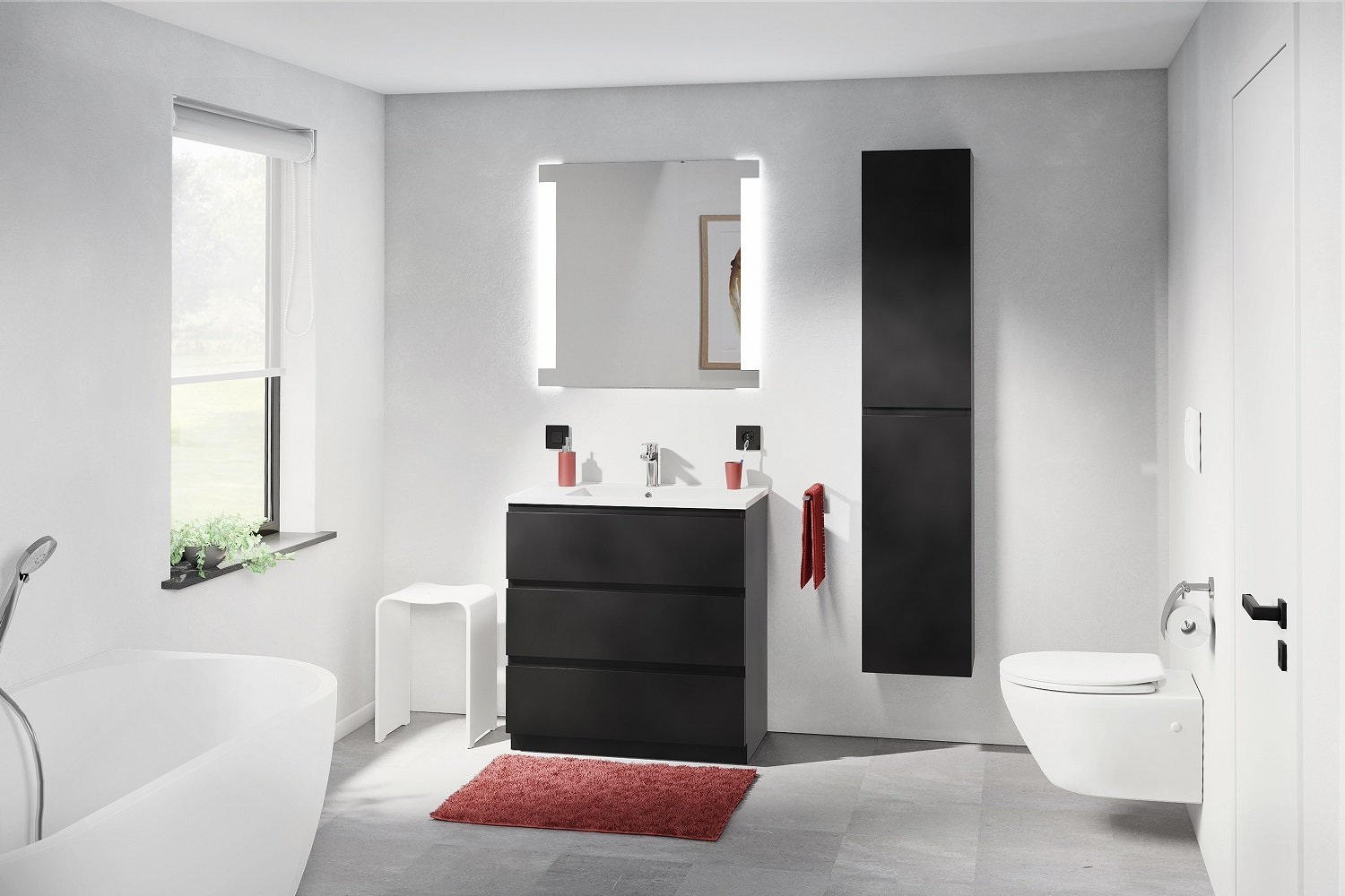 Badezimmer mit freistehender Badewanne, schwarzem Waschbeckenmöbel, beleuchtetem Spiegel und modernen Accessoires.