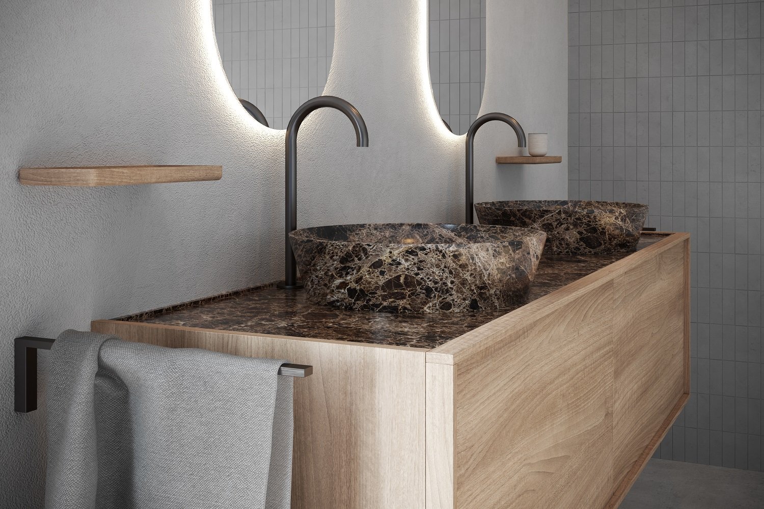 Holz-Badezimmerschrank mit zwei Marmorwaschbecken, gebogen Armatur und runden beleuchteten Spiegeln.