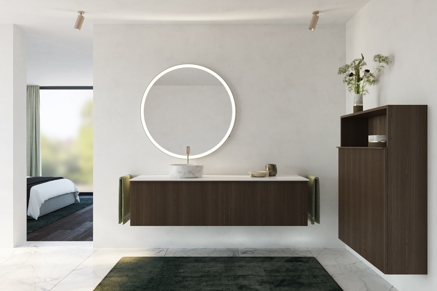 Holz-Badezimmerschrank mit Marmorwaschbecken, rundem Spiegel und passendem Schrank.