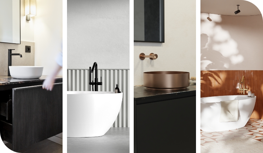 Quatre salles de bains différentes avec des designs modernes, montrant diverses baignoires, lavabos et robinets."