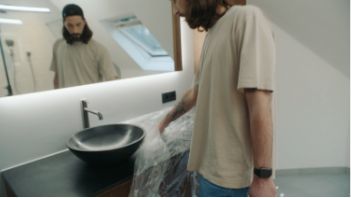 Homme retire le film de protection du lavabo moderne dans la salle de bains