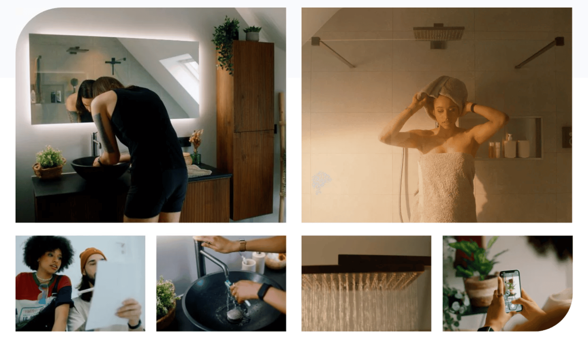 Femme se penche sur un lavabo moderne, homme regarde. Femme se sèche les cheveux après la douche. Homme et femme utilisent le lavabo et consultent un document.