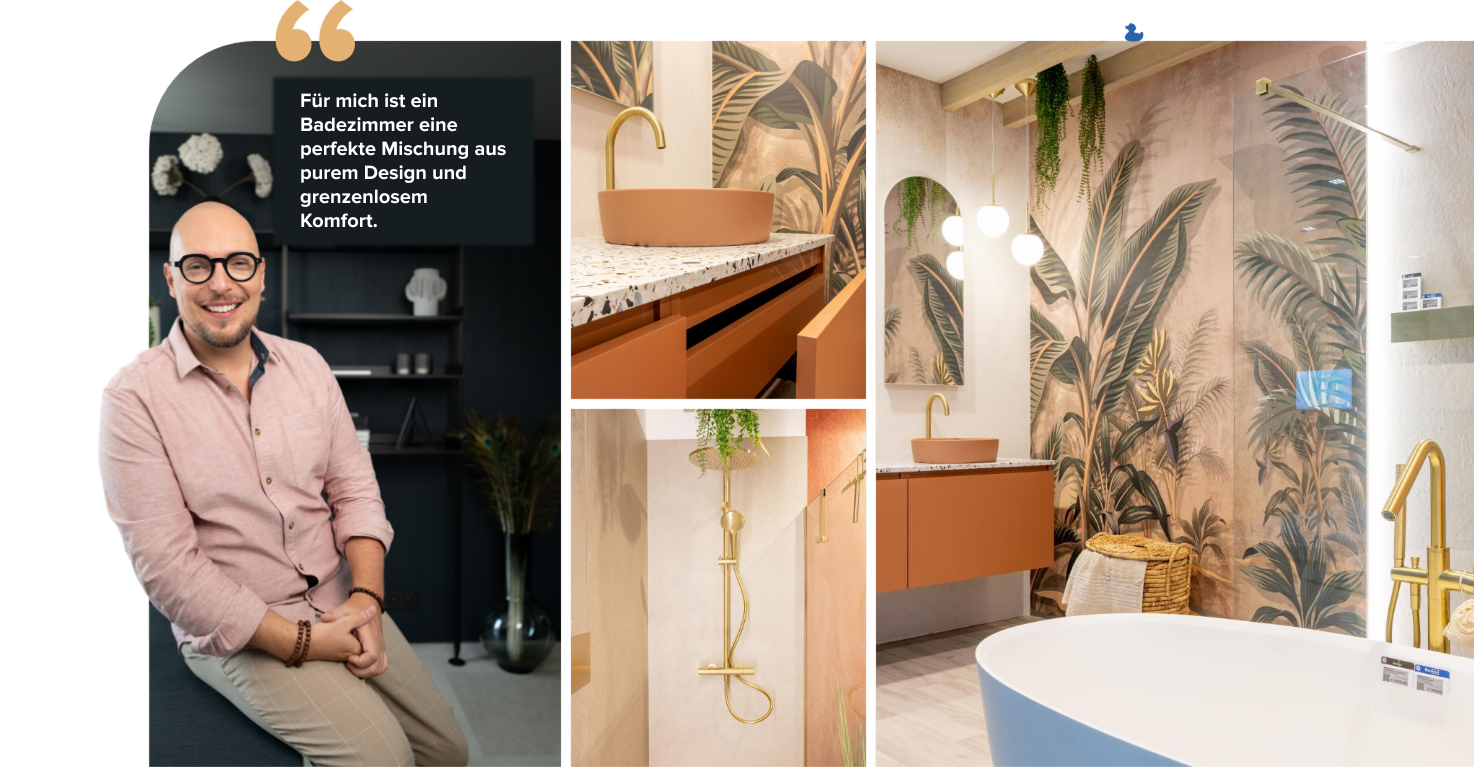 Collage mit Porträt des Designers Bart und Bildern eines von x²o Badezimmer gestalteten Badezimmers, bei dem Design, Komfort und warme Materialien im Mittelpunkt stehen.