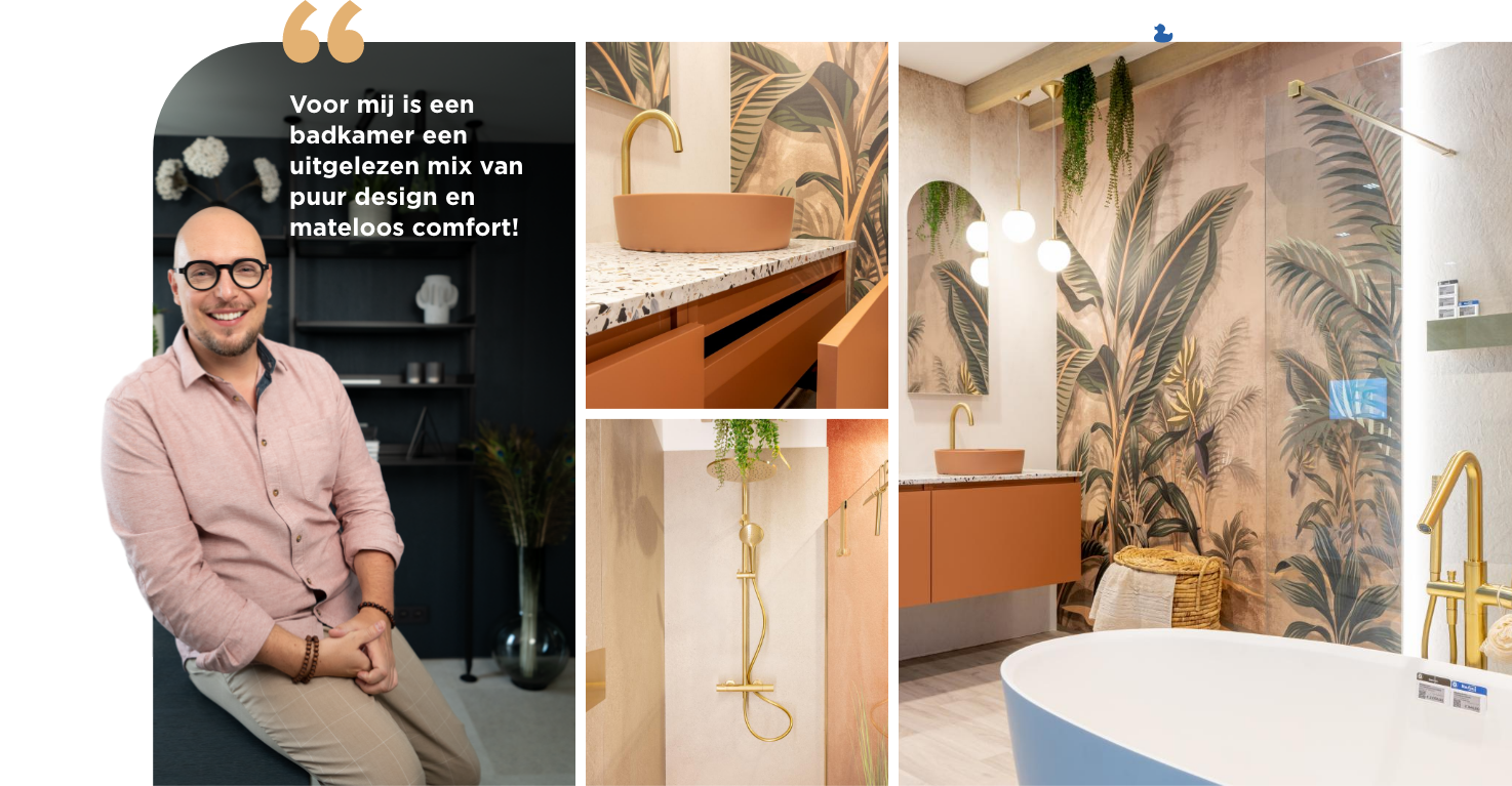 Badkamerontwerp met gouden kranen, tropisch wandtapijt, vrijstaand bad en ontwerpvisie