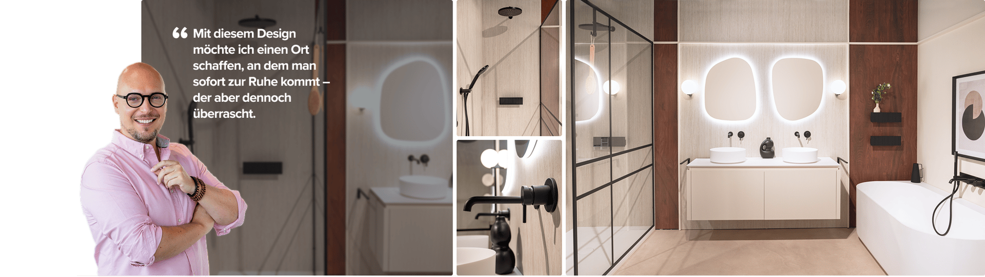 Hero-Bild des Innenarchitekten Bart Appeltans vor einem luxuriösen Designbad mit bodengleicher Dusche mit schwarzen Profilen, schwebendem Waschtisch mit Doppelwaschbecken, organisch geformten Spiegeln mit indirekter Beleuchtung und freistehender Badewanne von x²o Badezimmer.