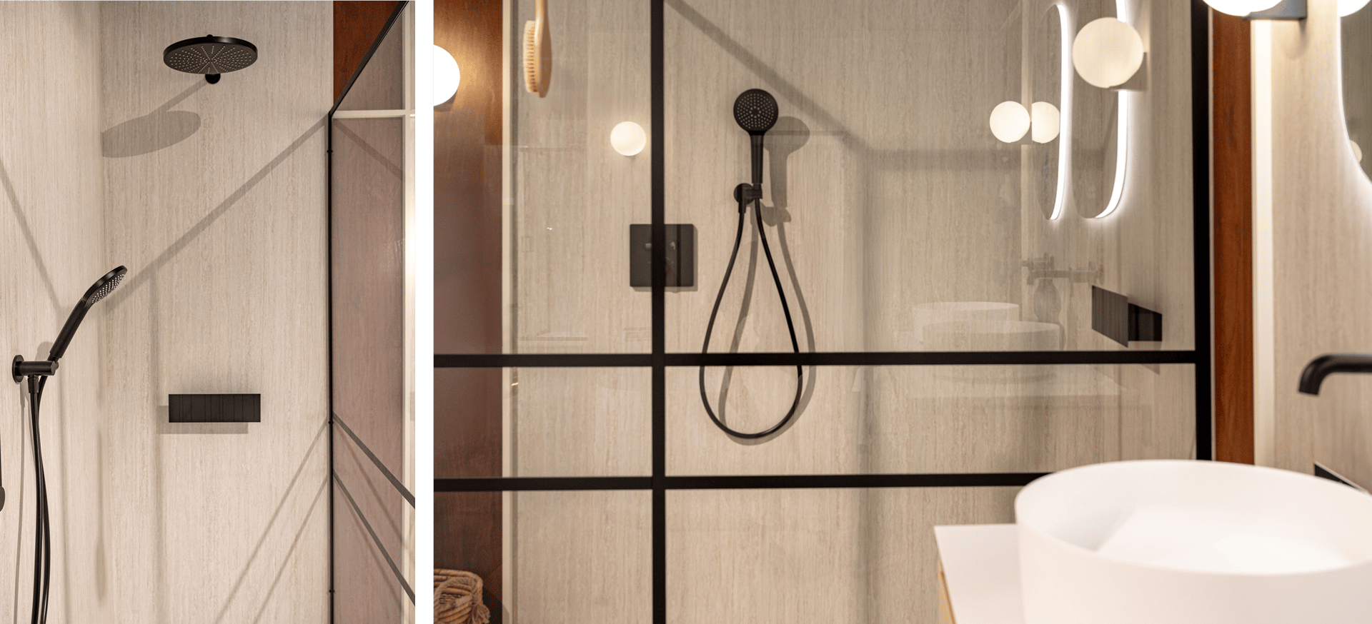 Detailbeeld van een x²o badkamers douche met zwarte regendouche en handdouche, geplaatst tegen een lichte wand met subtiele textuur.