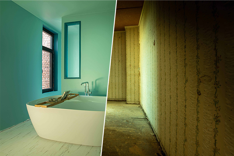 Vergleich zwischen einem modernen Badezimmer mit hellblauer Farbe und einem verfallenen Raum mit beschädigtem Tapeten