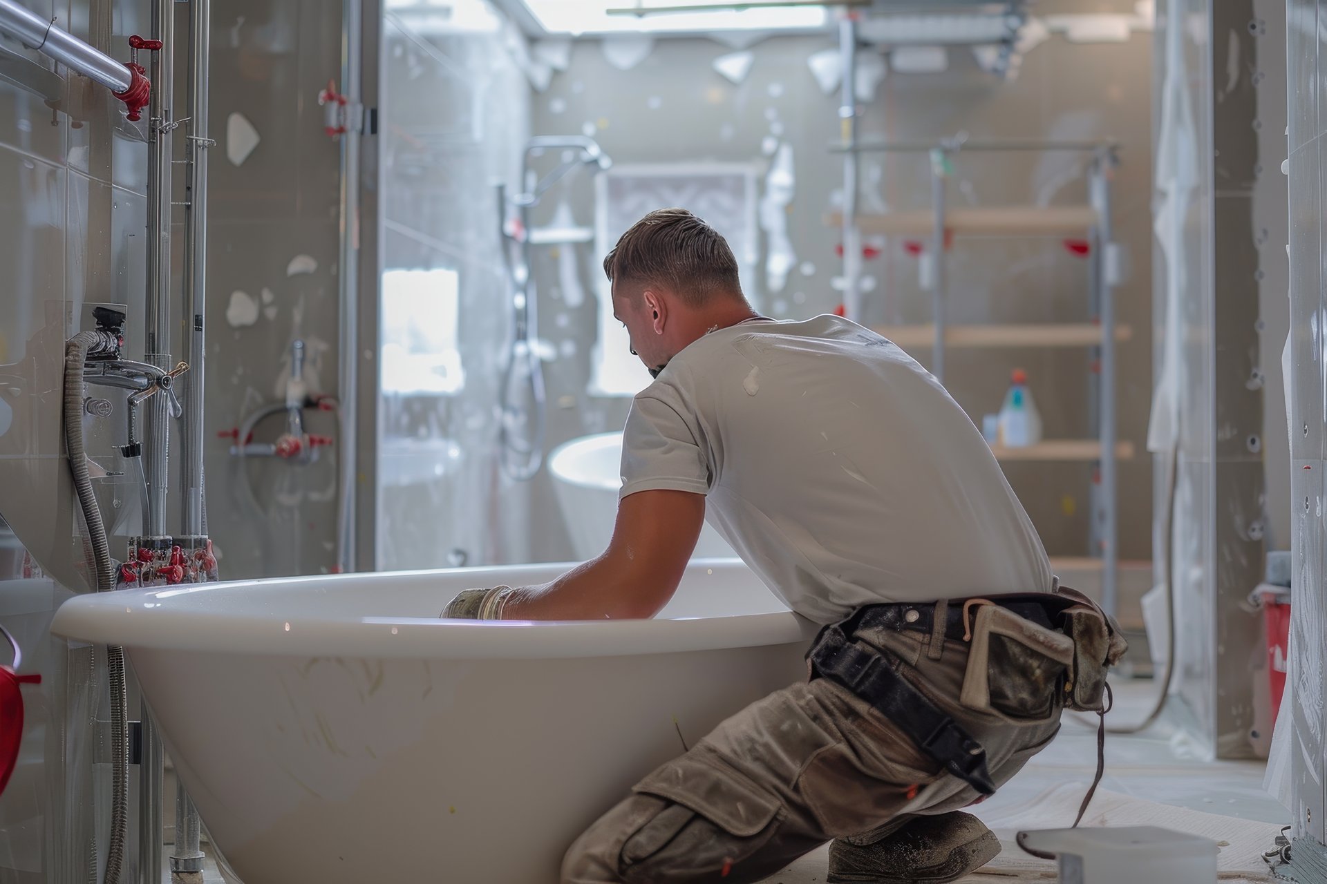 Un installateur place une baignoire îlot dans une salle de bains en cours de rénovation, avec murs bruts, conduites et outils visibles. Cette image illustre une rénovation professionnelle chez x²o salles de bains.