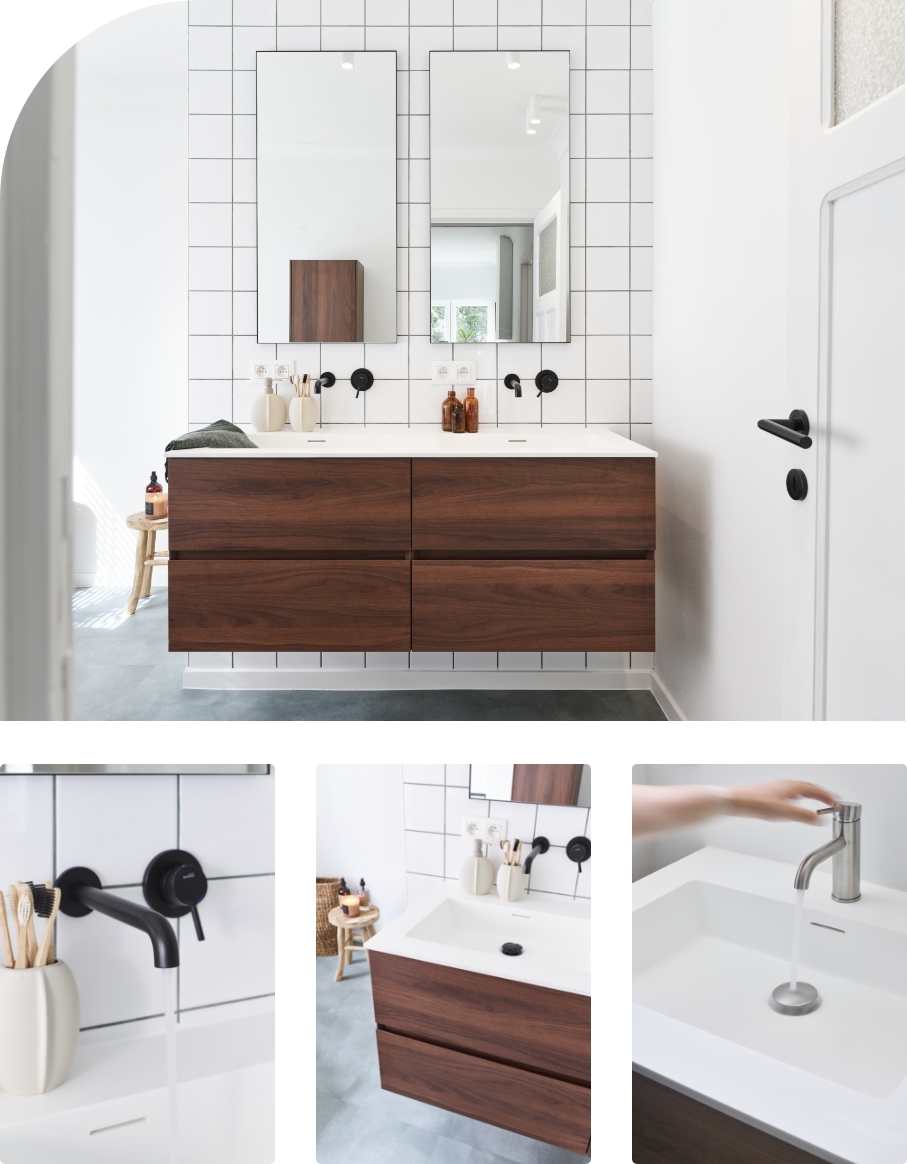 Holzbadmöbel von x²o Badezimmer mit breiten Schubladen, integrierter Waschmulde, weißer Waschtischplatte und ruhigem skandinavischem Design.